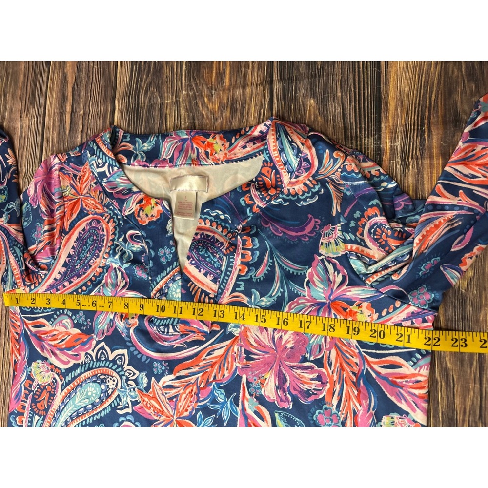 Stella Parker Dress Womens L Navy Paisley Floral Split Neck 3/4 Sleeve Shift - Picture 6 of 14